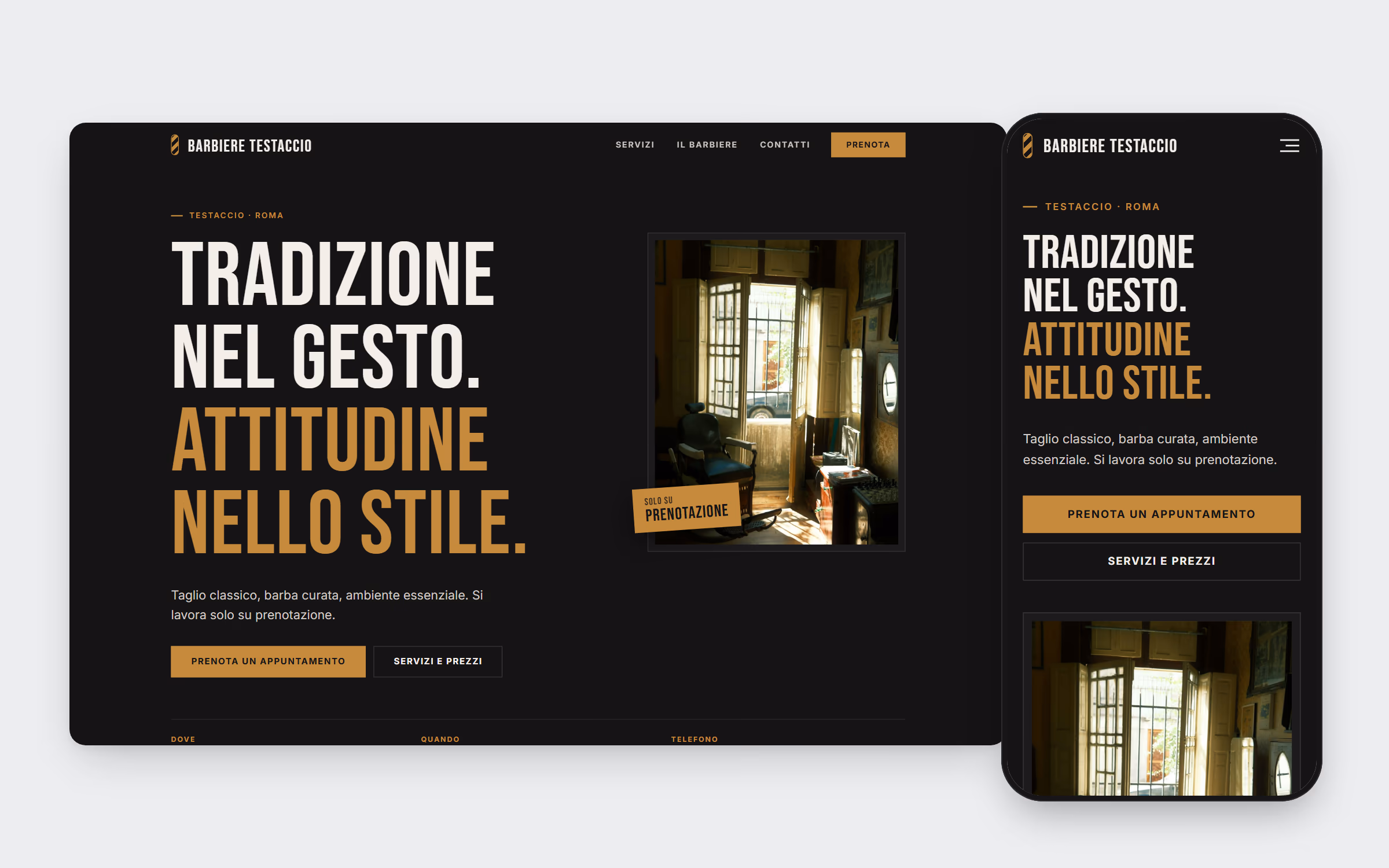 Homepage del sito concept per Barbiere Testaccio su desktop e telefono