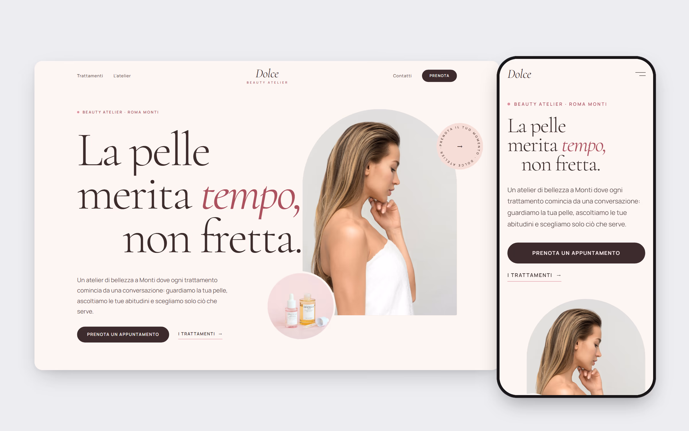 Homepage del sito concept per Dolce Beauty Atelier su desktop e telefono