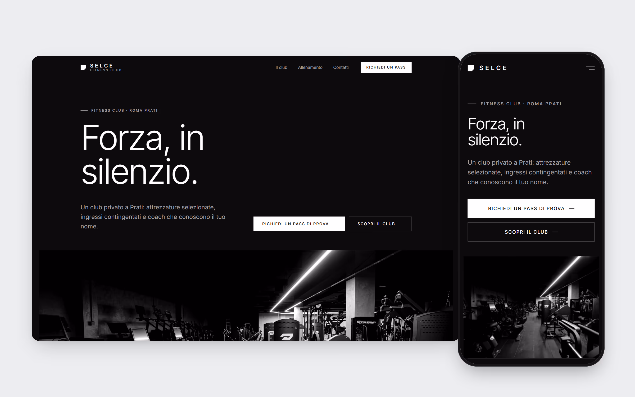 Homepage del sito concept per Selce Fitness Club su desktop e telefono