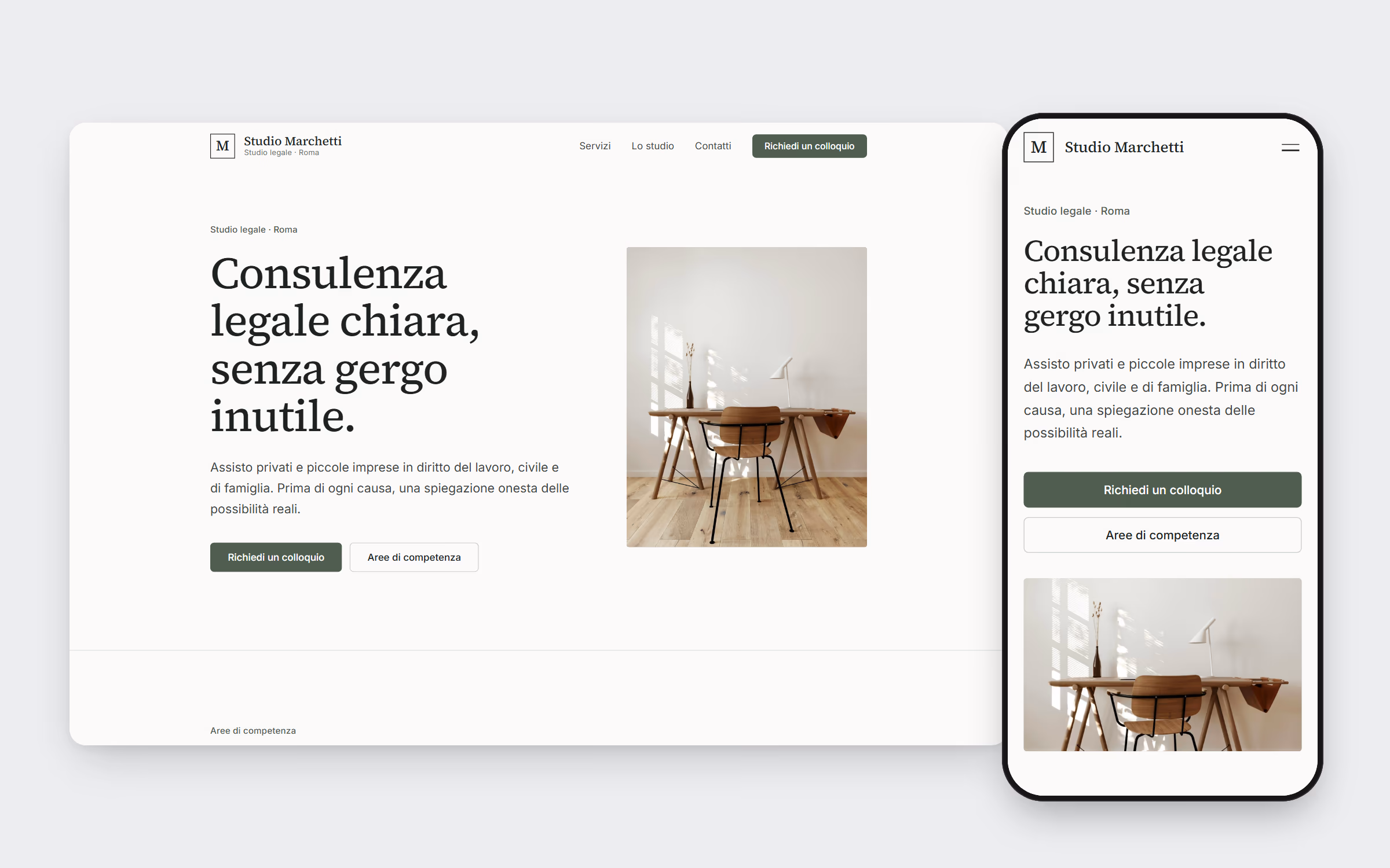 Homepage del sito concept per Studio Marchetti su desktop e telefono